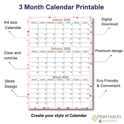 January February March 2026 calendar Printable|Quaterly PDF