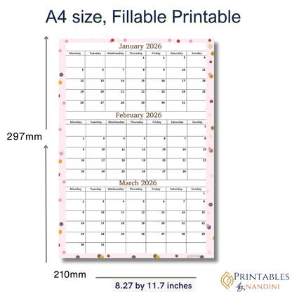 January February March 2026 calendar Printable|Quaterly PDF
