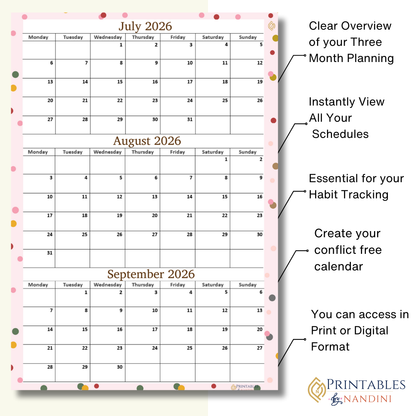 July August September 2026 calendar Printable|Quaterly PDF