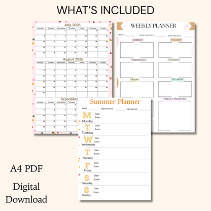 July August September 2026 calendar Printable|Quaterly PDF