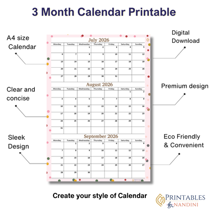 July August September 2026 calendar Printable|Quaterly PDF