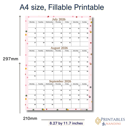 July August September 2026 calendar Printable|Quaterly PDF