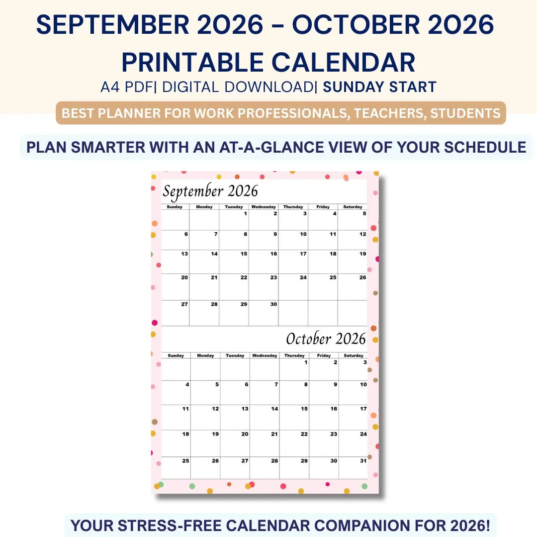 September and October 2026 calendar Printable |Digital Download