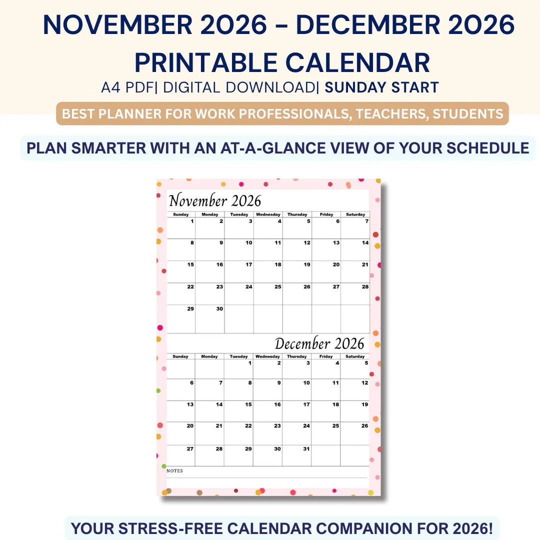 Printable November December 2026 calendar A4 PDF with Sunday start, colorful border