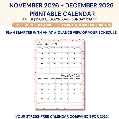 Printable November December 2026 calendar A4 PDF with Sunday start, colorful border