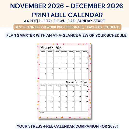 Printable November December 2026 calendar A4 PDF with Sunday start, colorful border