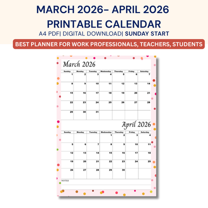 March April 2026 calendar Printable |Digital Download