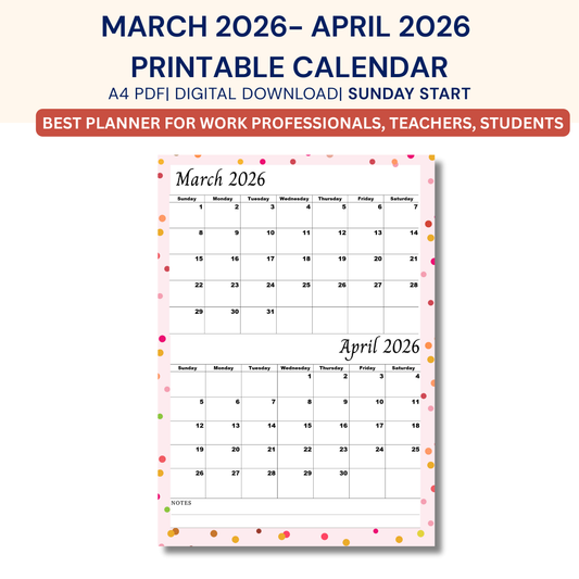 March April 2026 calendar Printable |Digital Download