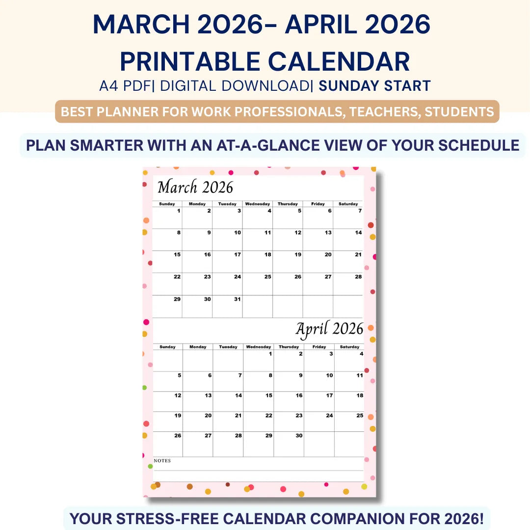 March April 2026 calendar Printable |Digital Download
