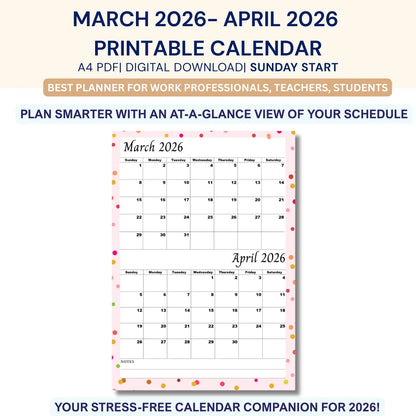 March April 2026 calendar Printable |Digital Download