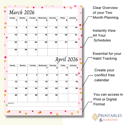 March April 2026 calendar Printable |Digital Download