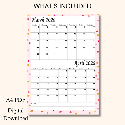 March April 2026 calendar Printable |Digital Download