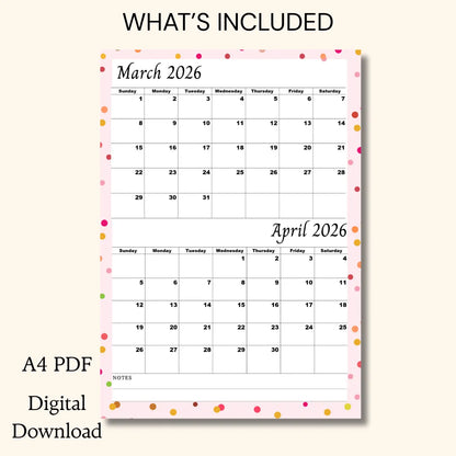 March April 2026 calendar Printable |Digital Download