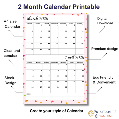 March April 2026 calendar Printable |Digital Download