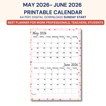 May June 2026 calendar Printable |Digital Download