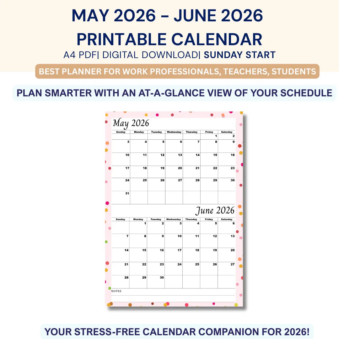 May June 2026 calendar Printable|A4, Sunday Start| Digital Download| Pink Minimalist
