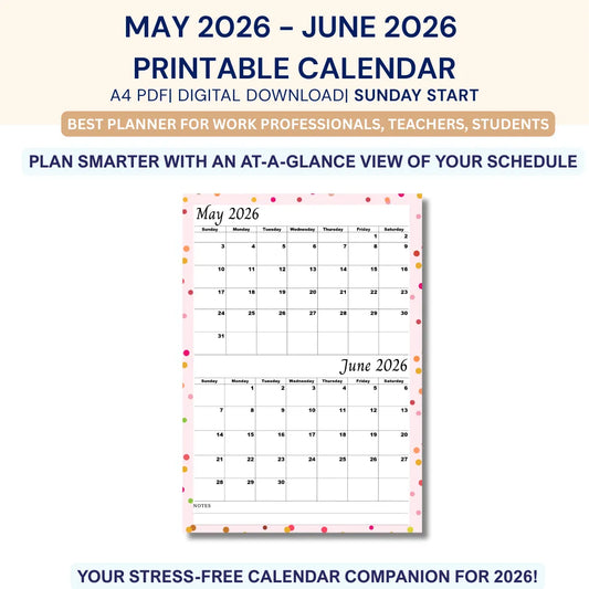 Calendar for May 2026 to June 2026 with a polka dot design on a white background