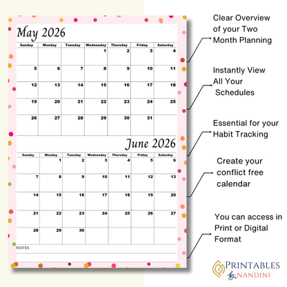 May June 2026 calendar Printable |Digital Download