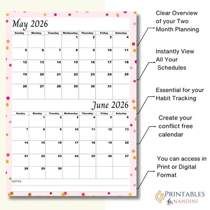 Printable May June 2026 calendar |A4, Sunday Start| Digital Download| Pink Minimalist