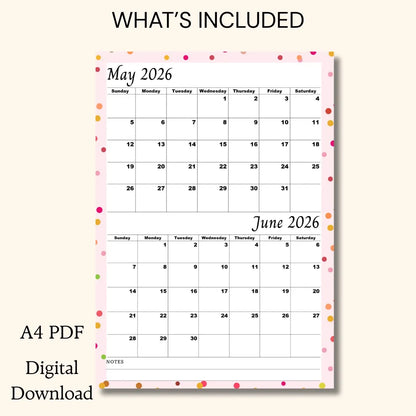 Printable May June 2026 calendar |A4, Sunday Start| Digital Download| Pink Minimalist