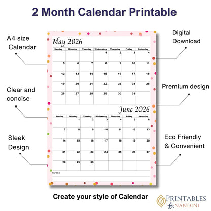 Printable May June 2026 calendar |A4, Sunday Start| Digital Download| Pink Minimalist