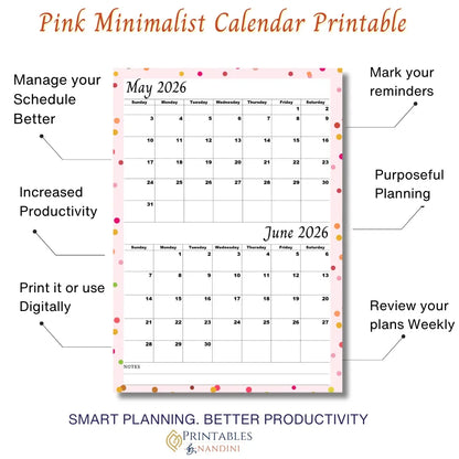 Printable May June 2026 calendar |A4, Sunday Start| Digital Download| Pink Minimalist