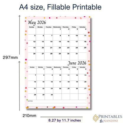 Printable May June 2026 calendar |A4, Sunday Start| Digital Download| Pink Minimalist