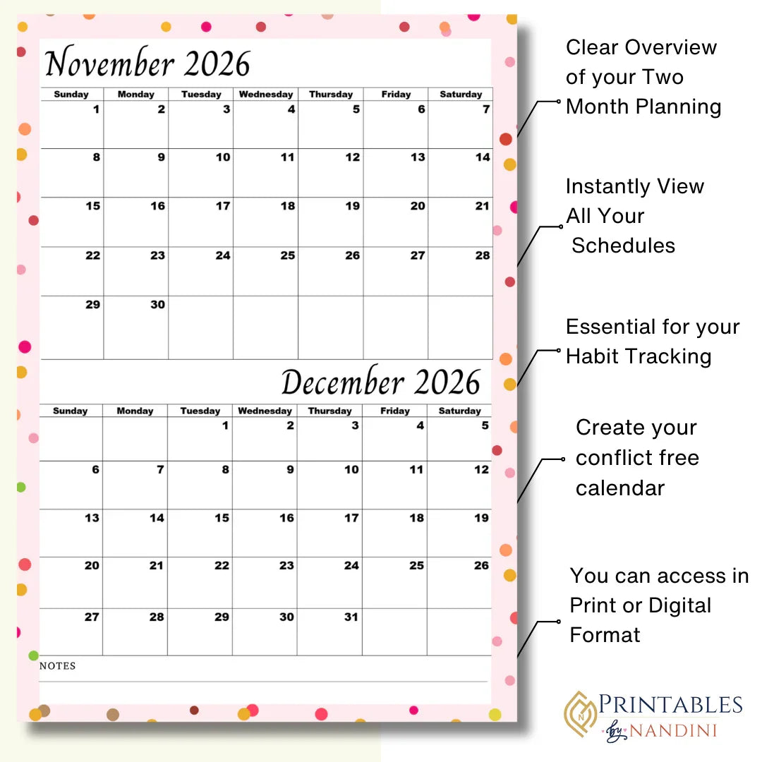 Printable two-month calendar for November and December 2026 with notes, polka dot border.