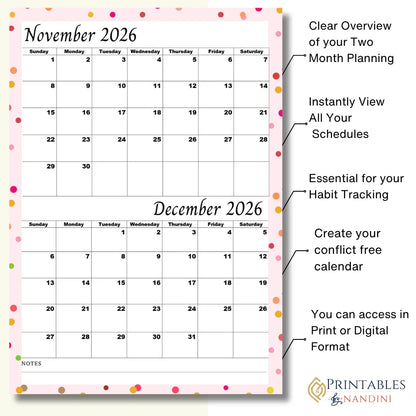 Printable two-month calendar for November and December 2026 with notes, polka dot border.