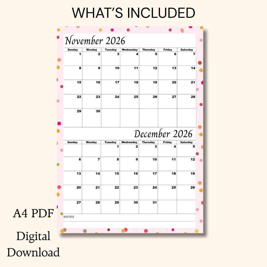 Printable November and December 2026 calendar, A4 PDF, polka dot border, digital download