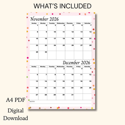 Printable November and December 2026 calendar, A4 PDF, polka dot border, digital download