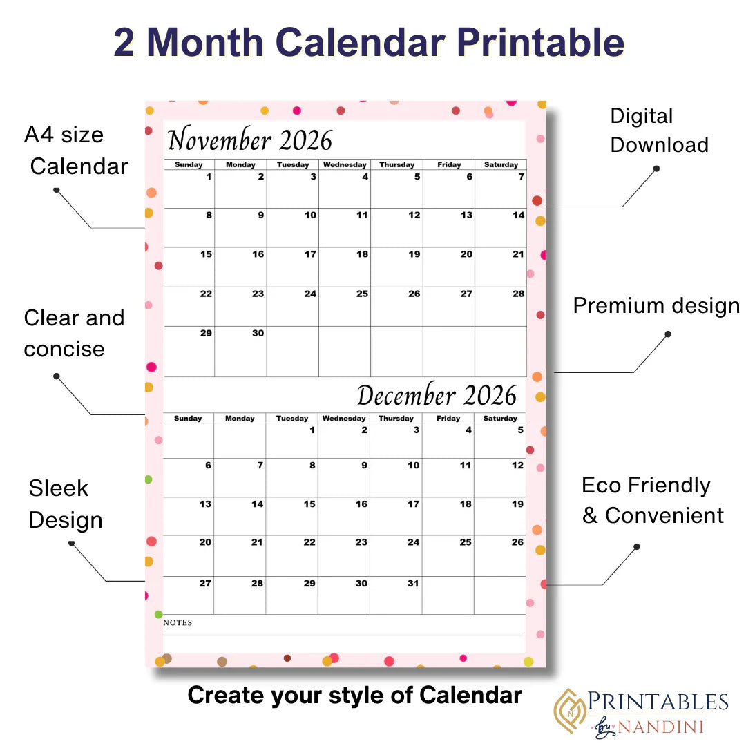 2026 two month printable calendar for November and December, A4 digital download, pink polka dot border.