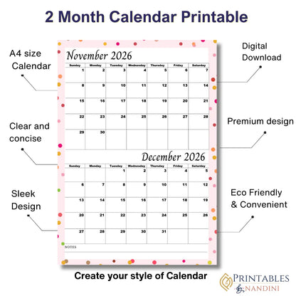 2026 two month printable calendar for November and December, A4 digital download, pink polka dot border.