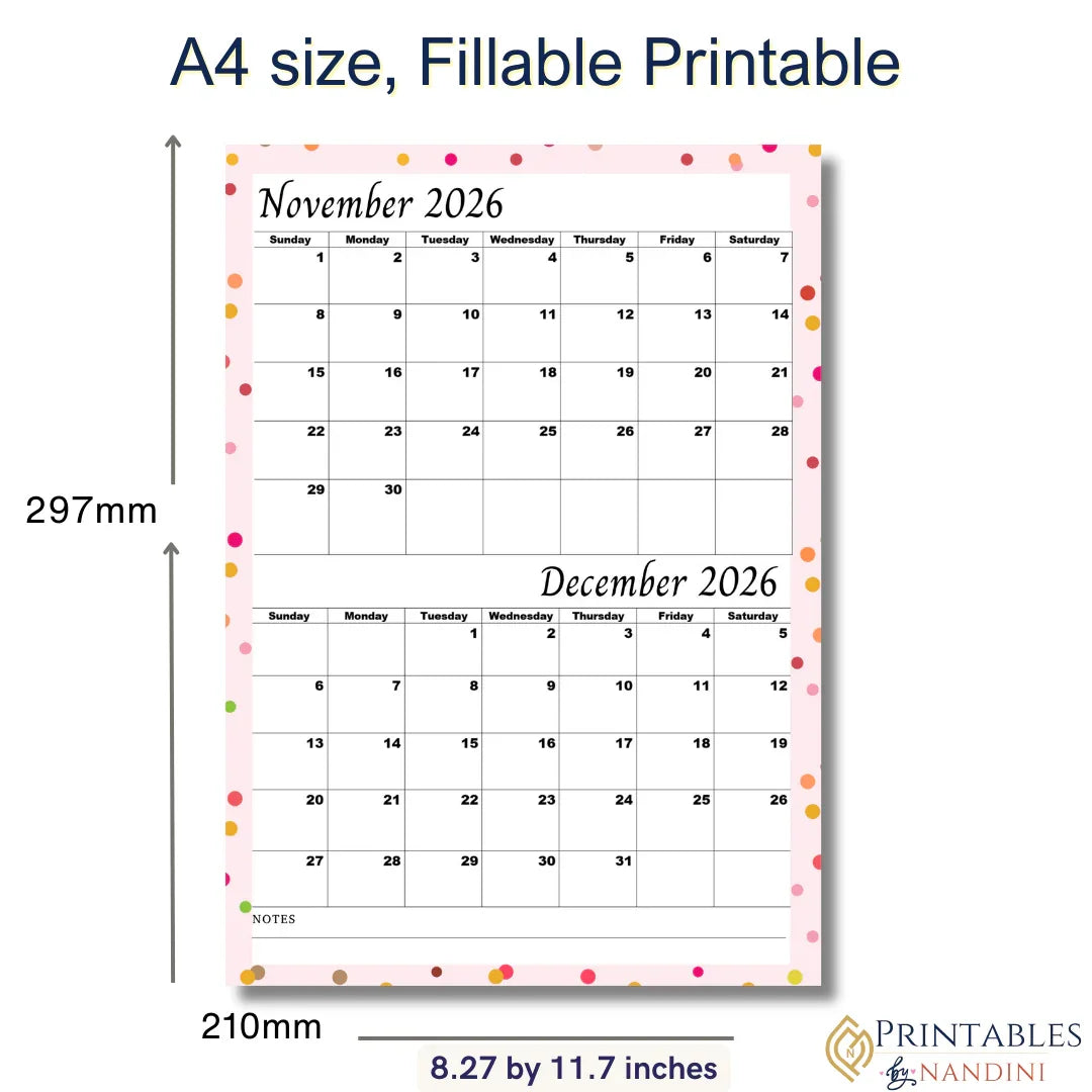 A4 size printable November and December 2026 calendar with colorful confetti border