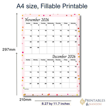 A4 size printable November and December 2026 calendar with colorful confetti border