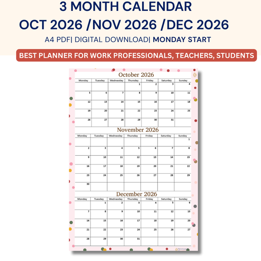 October November December 2026 calendar Printable|Quaterly PDF