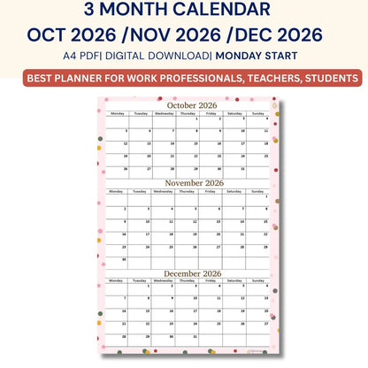 October November December 2026 calendar Printable|Quaterly PDF