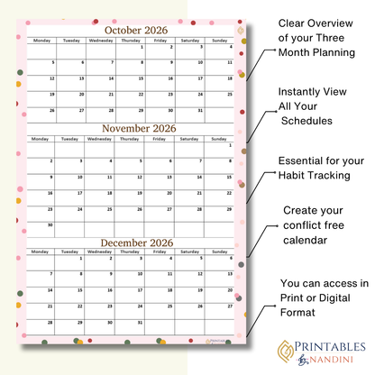 October November December 2026 calendar Printable|Quaterly PDF