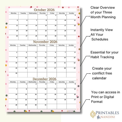 October November December 2026 calendar Printable|Quaterly PDF