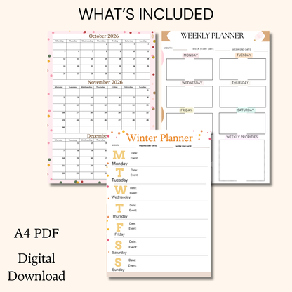 October November December 2026 calendar Printable|Quaterly PDF