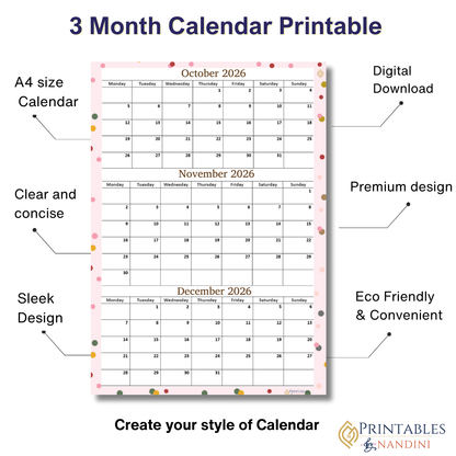 October November December 2026 calendar Printable|Quaterly PDF