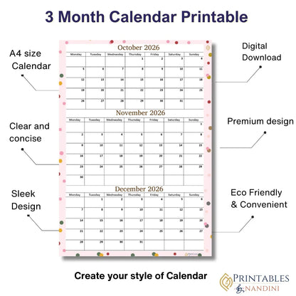 October November December 2026 calendar Printable|Quaterly PDF