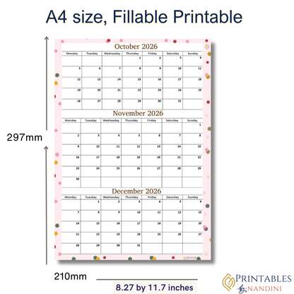 October November December 2026 calendar Printable|Quaterly PDF