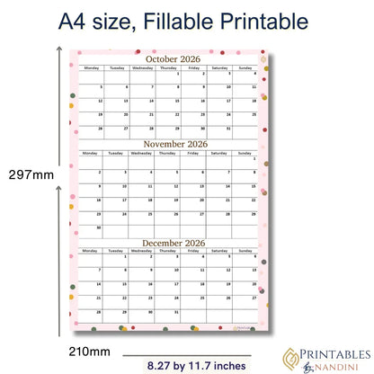 October November December 2026 calendar Printable|Quaterly PDF