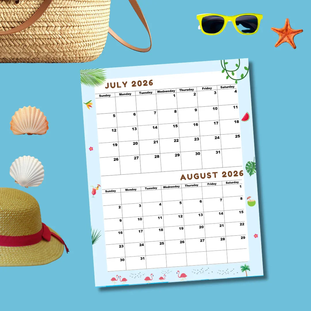 July August 2026 printable calendar with summer beach theme, flamingos, and tropical decor