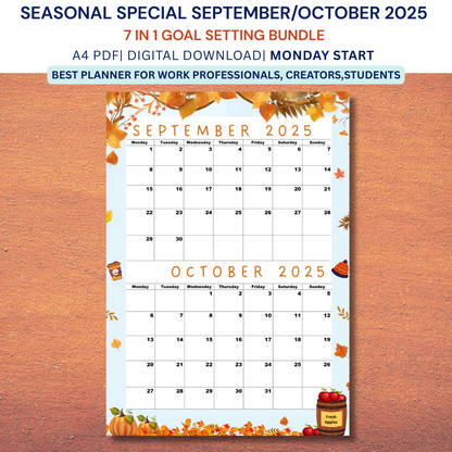 Seasonal Special|Bi-Monthly Calendar for September 2025 & October 2025, Monday Start,A4 PDF,Digital Download