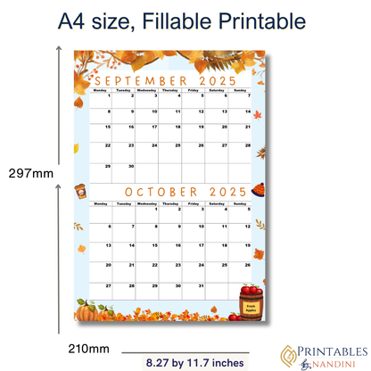Seasonal Special|Bi-Monthly Calendar for September 2025 & October 2025, Monday Start,A4 PDF,Digital Download