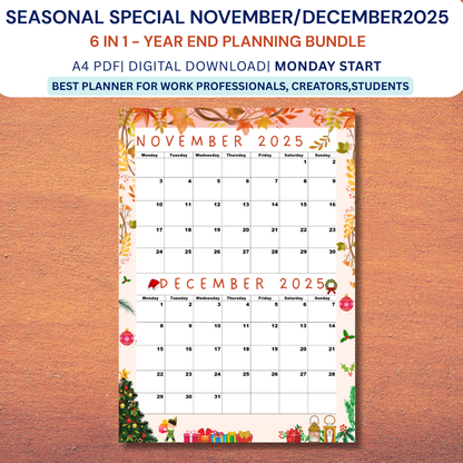 November and December 2025 calendar, Monday Start,A4 PDF,Digital Download