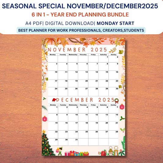 November and December 2025 calendar, Monday Start,A4 PDF,Digital Download