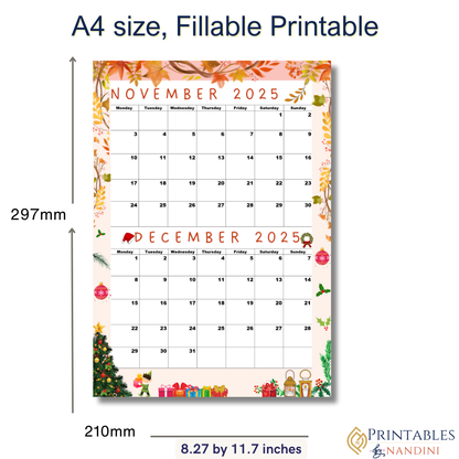 November and December 2025 calendar, Monday Start,A4 PDF,Digital Download
